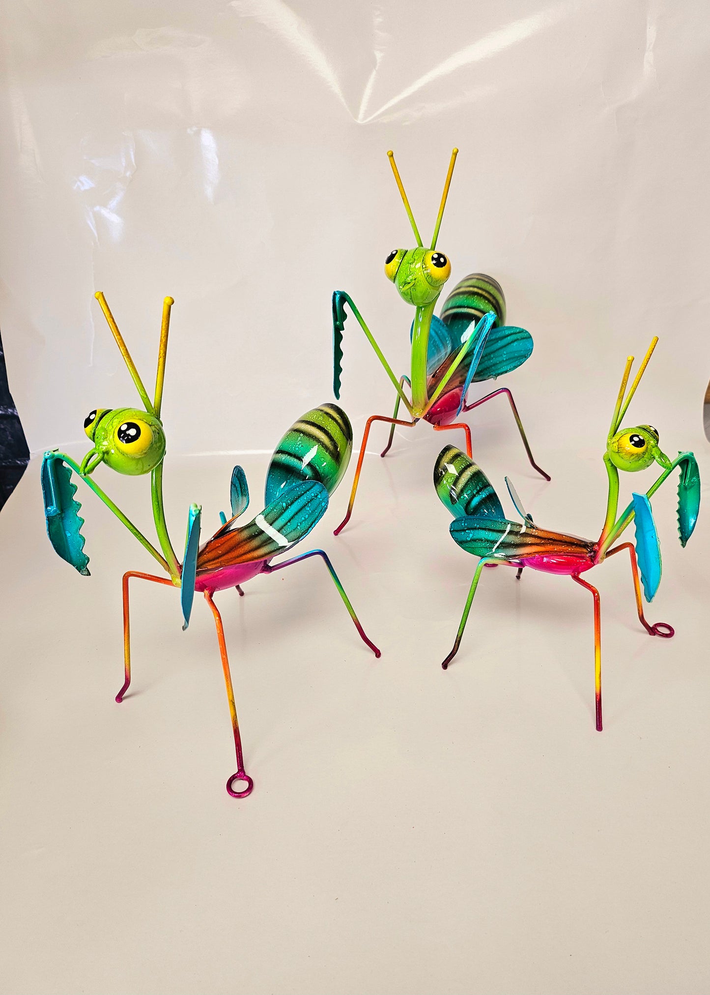 set of 3 handcrafted metal praying mantis