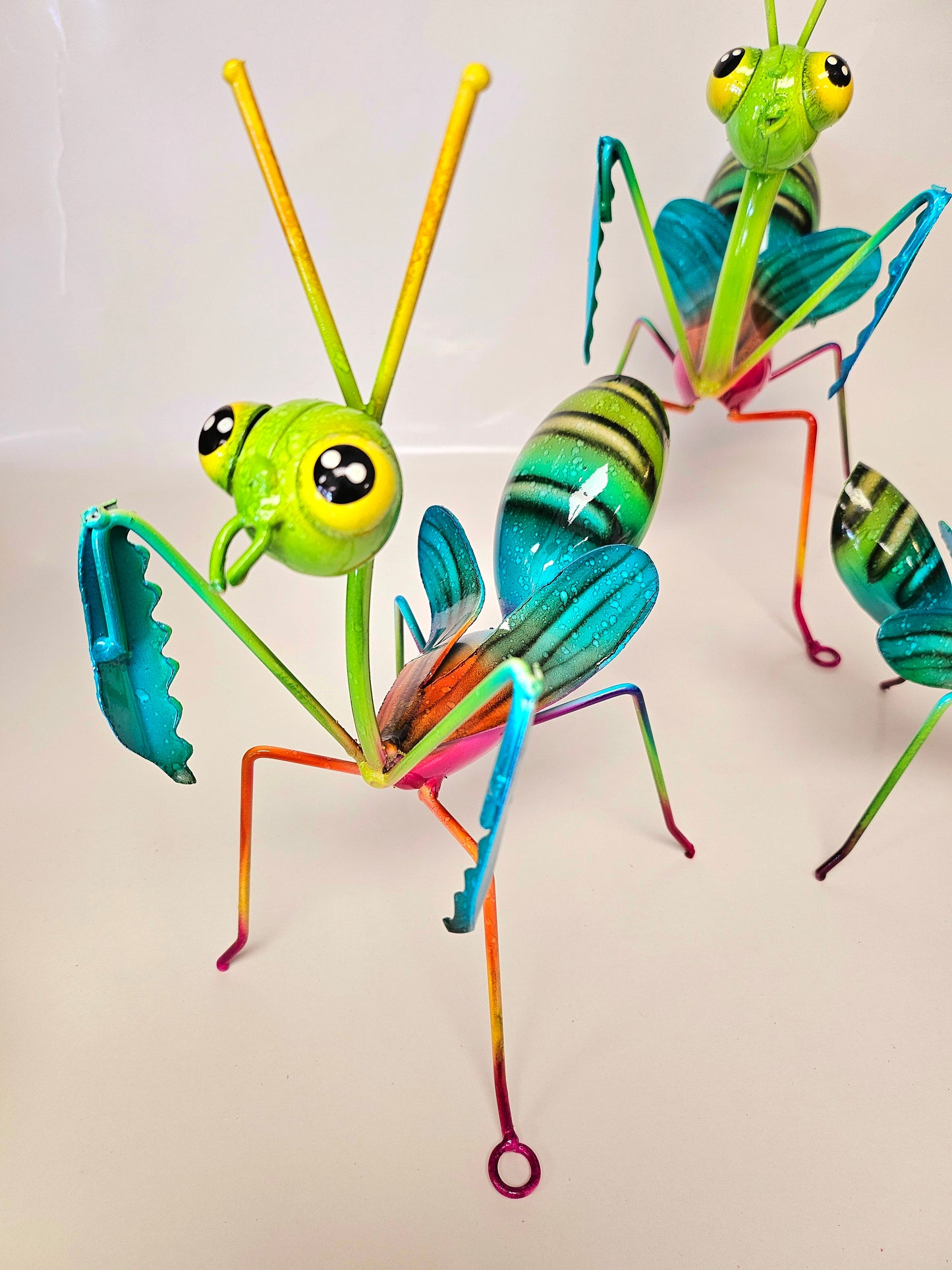 set of 3 handcrafted metal praying mantis