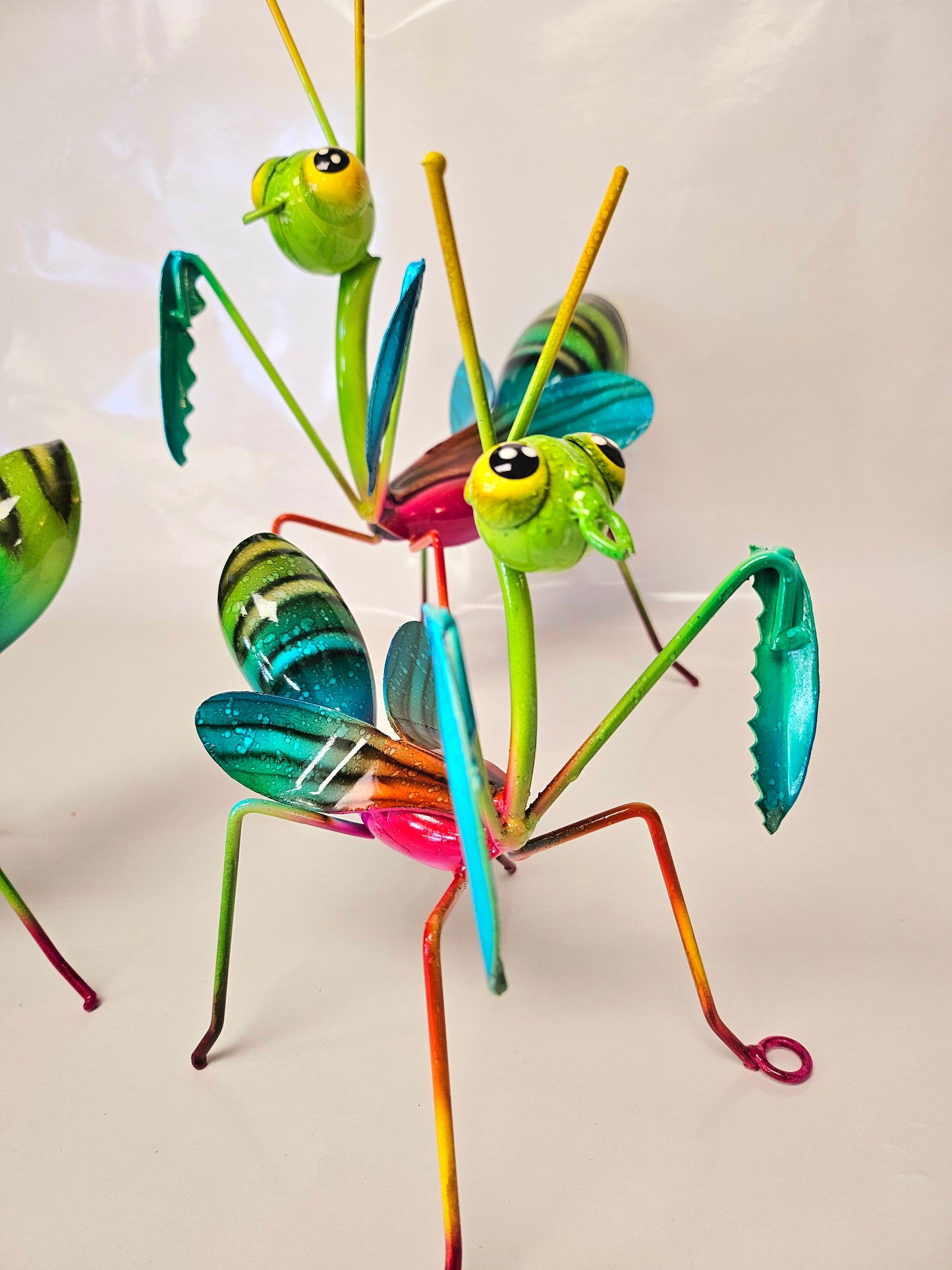 set of 3 handcrafted metal praying mantis