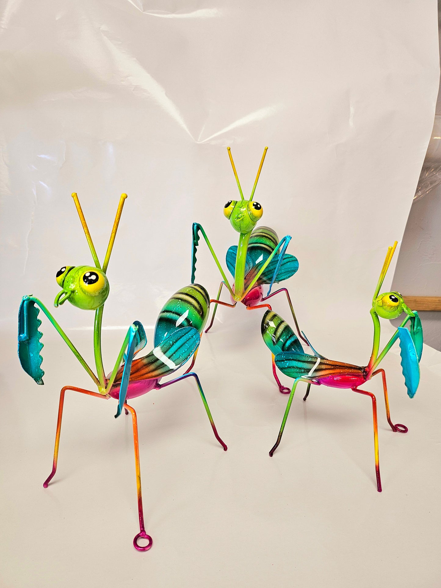 set of 3 handcrafted metal praying mantis