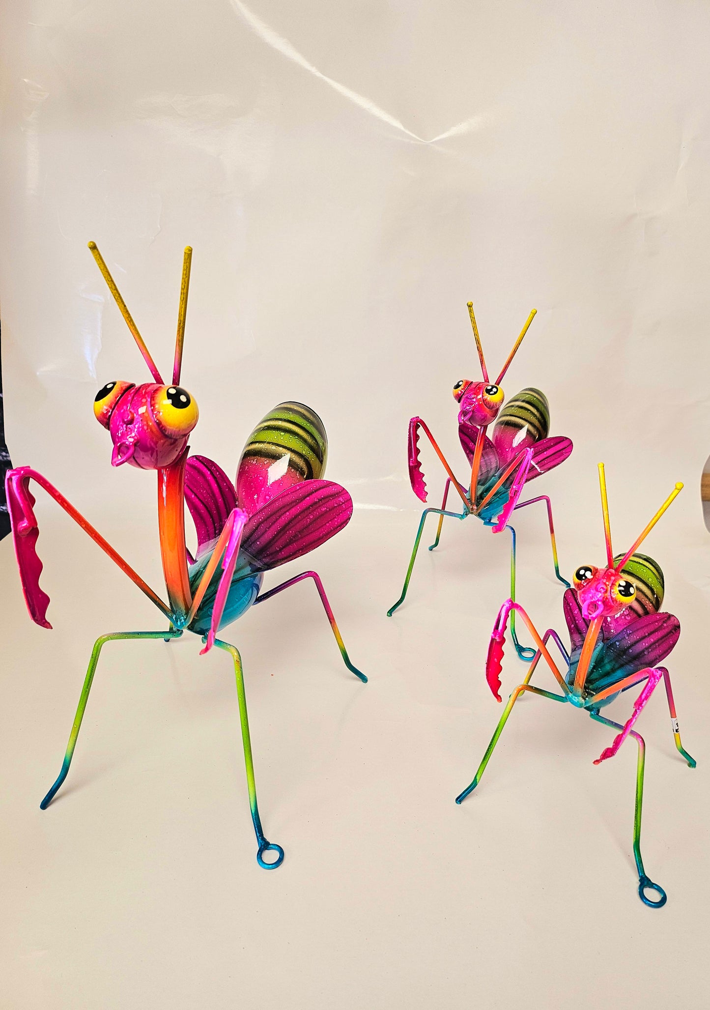 set of 3 handcrafted metal praying mantis