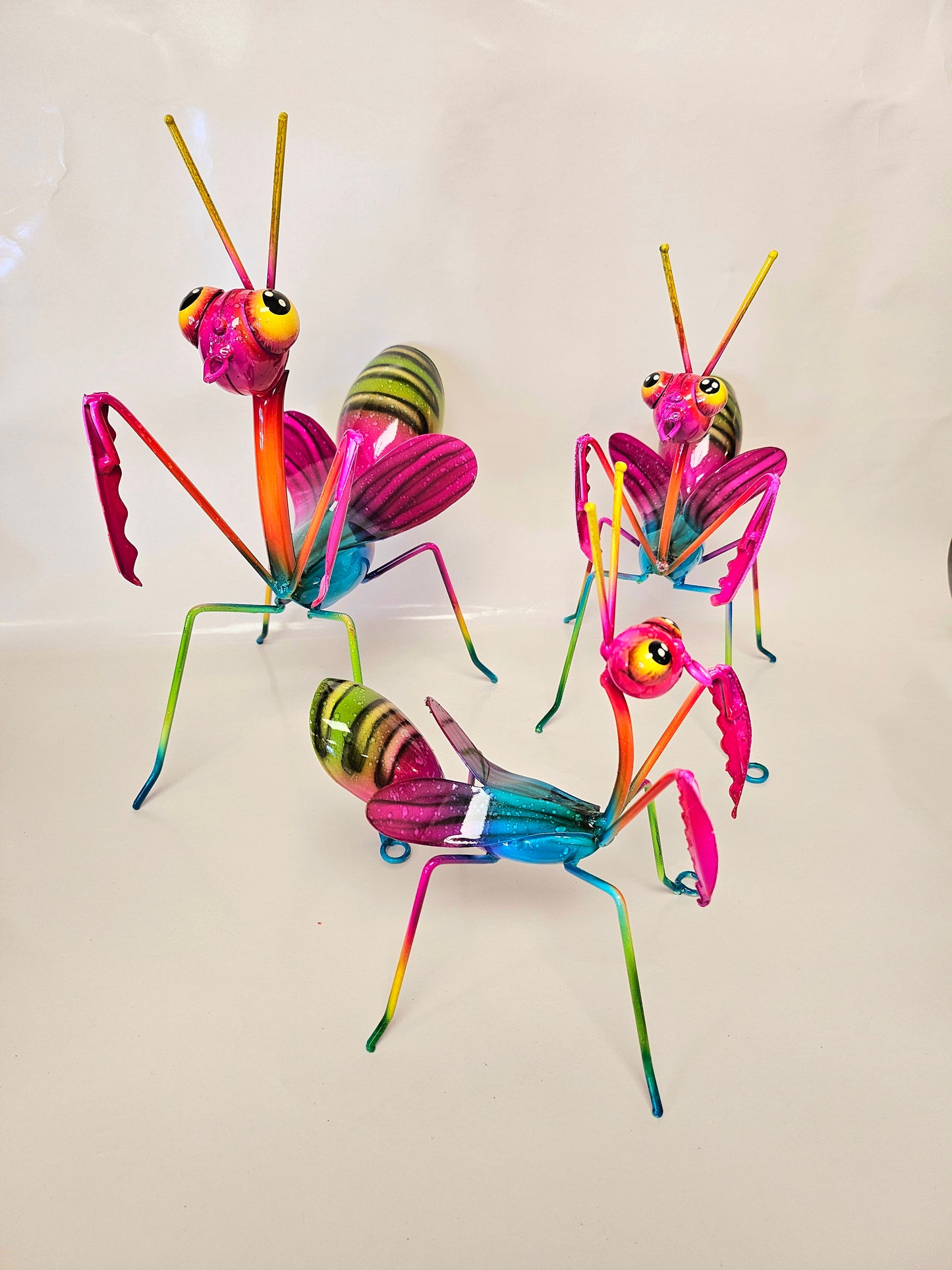 set of 3 handcrafted metal praying mantis