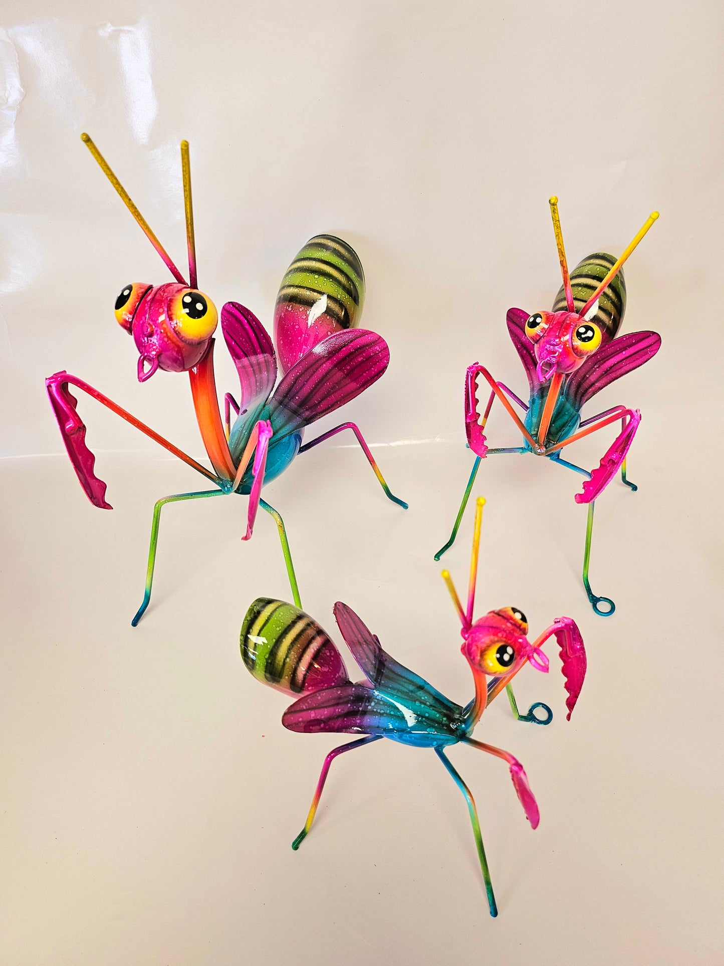 set of 3 handcrafted metal praying mantis