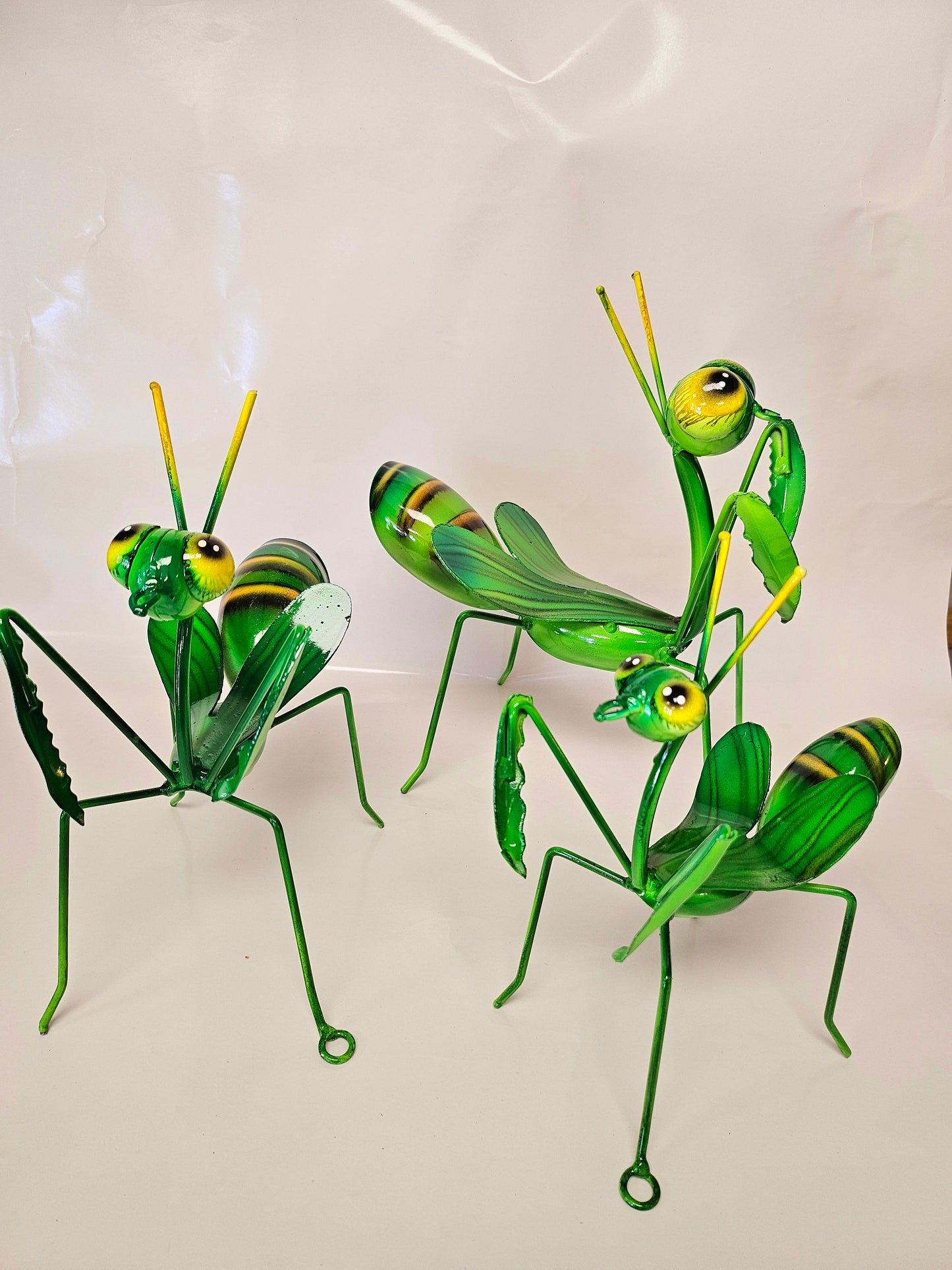 set of 3 handcrafted metal praying mantis