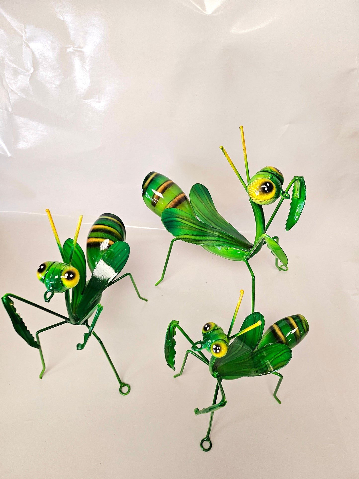 set of 3 handcrafted metal praying mantis